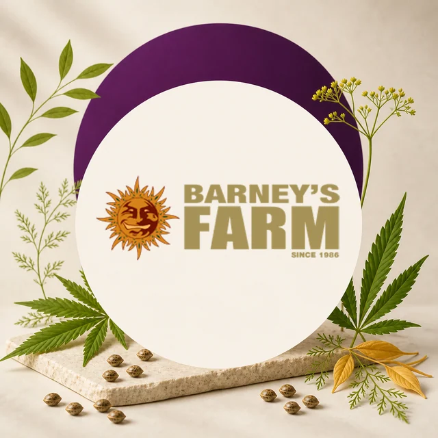 Logotipo de Barney’s Farm con un sol y el texto «Since 1986», rodeado de hojas de cannabis, ramas y semillas sobre fondo crema.