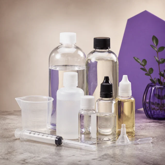 Selección de botellas y frascos con líquidos transparentes y amarillentos, junto a un vaso medidor, una jeringa y pipetas. Selección de botellas y frascos con líquidos transparentes y amarillentos, junto a un vaso medidor, una jeringa y pipetas.