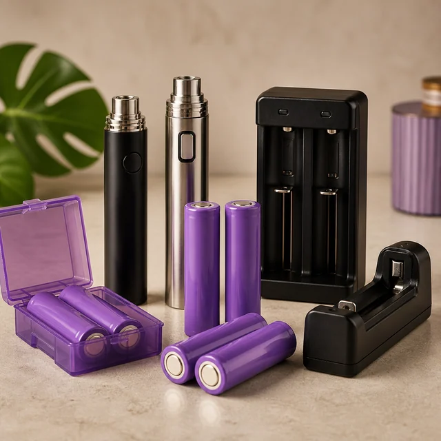 Selección de baterías cilíndricas moradas, cargadores de una y dos ranuras, estuche abierto y dos dispositivos alargados.
