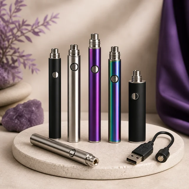 Selección de baterías cilíndricas con botón y conexión roscada, en varios colores y tamaños, junto a un cargador USB. Selección de baterías cilíndricas con botón y conexión roscada, en varios colores y tamaños, junto a un cargador USB.