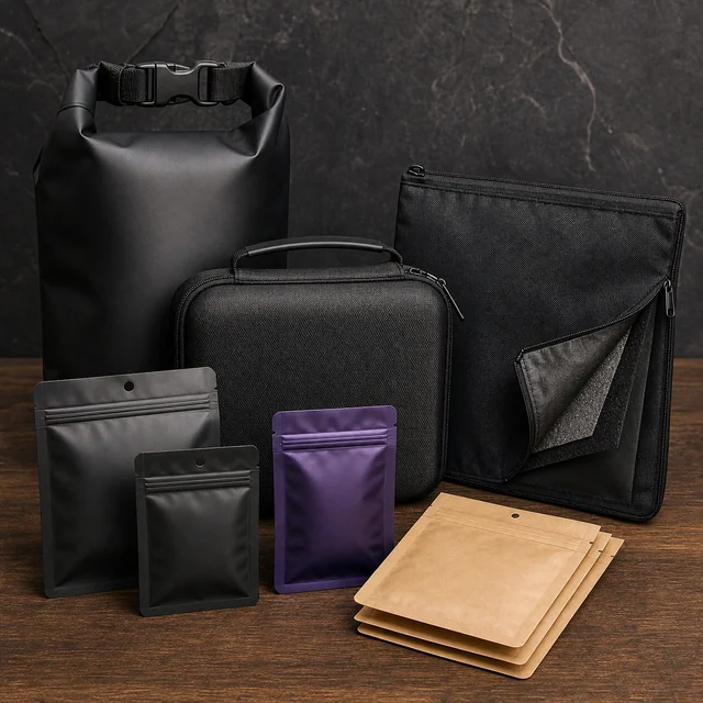Selección de bolsas y estuches negros, sobres con cierre en negro y morado y sobres marrones sobre una mesa de madera.