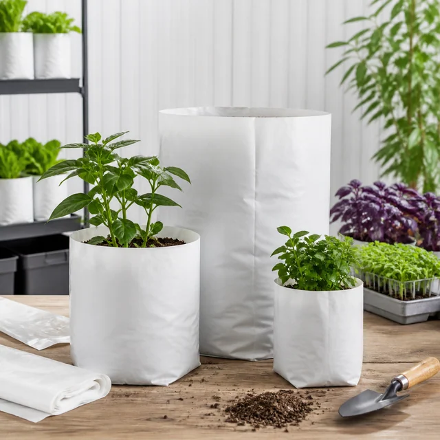 Bolsas de cultivo blancas de varios tamaños, dos con plantas y una grande vacía, junto a bolsas plegadas, tierra y una pala. Bolsas de cultivo blancas de varios tamaños, dos con plantas y una grande vacía, junto a bolsas plegadas, tierra y una pala.