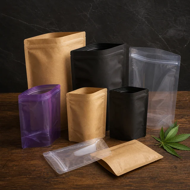 Selección de bolsas con cierre, de pie y tumbadas, en tonos kraft, negro, transparente y morado, sobre una mesa junto a una hoja de cannabis. Selección de bolsas con cierre, de pie y tumbadas, en tonos kraft, negro, transparente y morado, sobre una mesa junto a una hoja de cannabis.