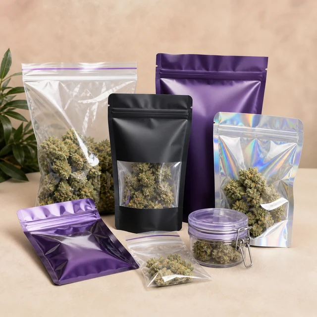 Selección de bolsas con cierre zip, transparentes, negras, moradas y tornasoladas, algunas con cogollos, junto a un tarro.
