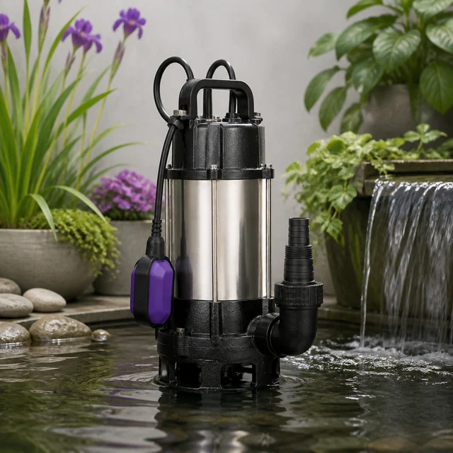 Bomba de agua sumergible de cuerpo plateado y base negra, con asa, salida acodada y flotador morado, en un estanque. Bomba de agua sumergible de cuerpo plateado y base negra, con asa, salida acodada y flotador morado, en un estanque.