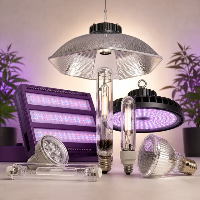 Selección de bombillas alargadas y focos reflectores junto a paneles LED encendidos y una lámpara colgante con reflector. Selección de bombillas alargadas y focos reflectores junto a paneles LED encendidos y una lámpara colgante con reflector.