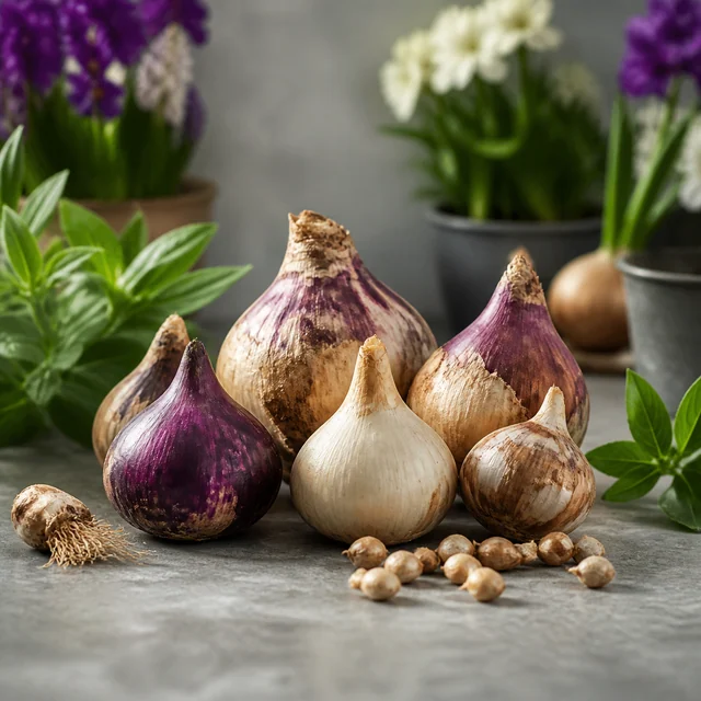 Bulbos vegetales de distintos tamaños, blancos y morados, sobre una mesa gris con plantas y flores al fondo. Bulbos vegetales de distintos tamaños, blancos y morados, sobre una mesa gris con plantas y flores al fondo.