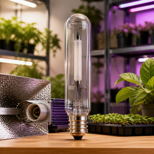 Bombilla tubular transparente con casquillo de rosca, colocada en vertical junto a un reflector y bandejas de plantas. Bombilla tubular transparente con casquillo de rosca, colocada en vertical junto a un reflector y bandejas de plantas.