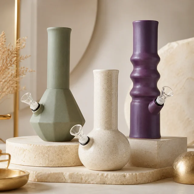 Tres bongs de cerámica con formas distintas: verde facetado, blanco moteado de base redonda y morado ondulado, sobre pedestales claros. Tres bongs de cerámica con formas distintas: verde facetado, blanco moteado de base redonda y morado ondulado, sobre pedestales claros.