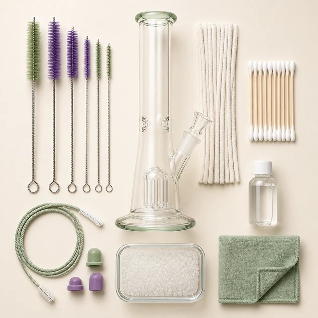 Bong transparente rodeado de cepillos de varios tamaños, limpiapipas, bastoncillos, tapones, un frasco, gránulos blancos y un paño verde. Bong transparente rodeado de cepillos de varios tamaños, limpiapipas, bastoncillos, tapones, un frasco, gránulos blancos y un paño verde.