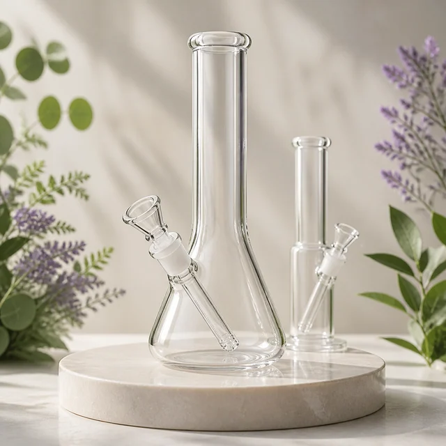 Dos bongs transparentes de distintos tamaños, uno con base ancha y otro cilíndrico, sobre una plataforma circular entre ramas y flores. Dos bongs transparentes de distintos tamaños, uno con base ancha y otro cilíndrico, sobre una plataforma circular entre ramas y flores.