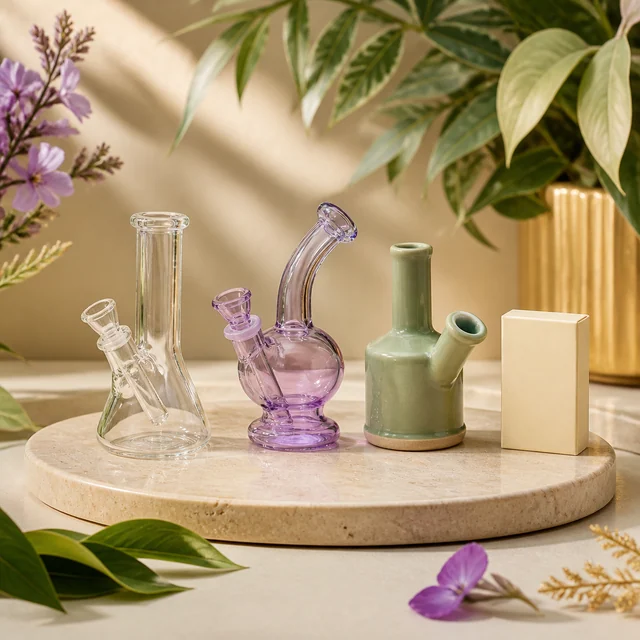 Tres modelos de mini bongs, transparente, violeta y verde, sobre una base circular clara junto a una caja beige y plantas decorativas.