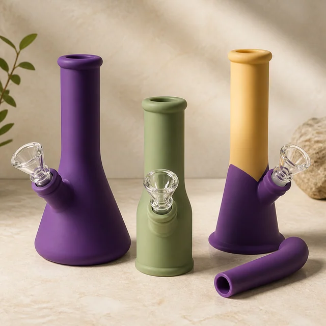 Tres bongs de distintos tamaños en morado, verde y amarillo con morado, con cazoletas transparentes y una pieza curva delante.