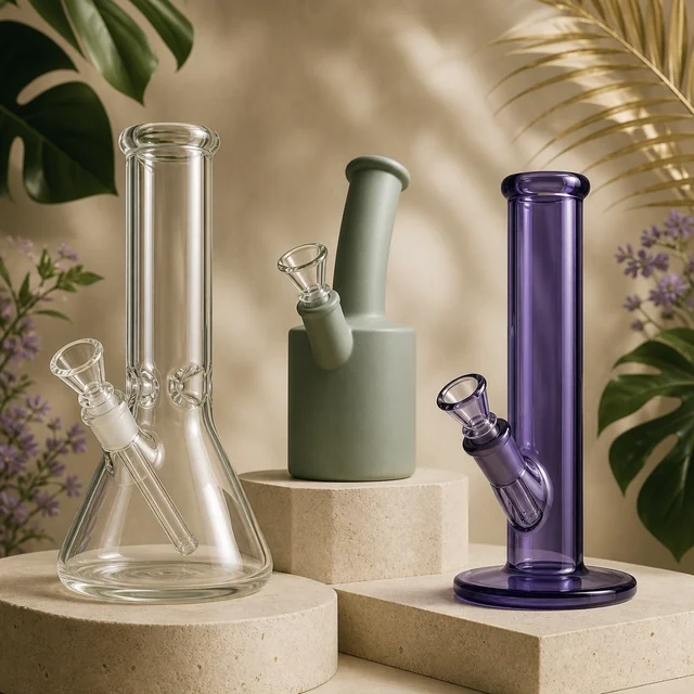 Tres modelos de bong sobre pedestales: uno transparente de base ancha, otro verde de cuerpo compacto y uno morado de tubo recto. Tres modelos de bong sobre pedestales: uno transparente de base ancha, otro verde de cuerpo compacto y uno morado de tubo recto.