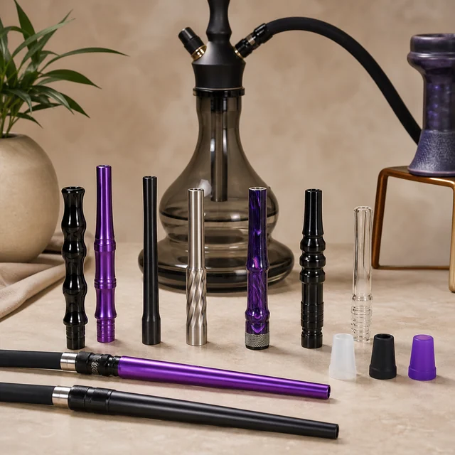 Selección de boquillas para cachimba de distintas formas, en negro, morado y plateado, con una cachimba al fondo. Selección de boquillas para cachimba de distintas formas, en negro, morado y plateado, con una cachimba al fondo.