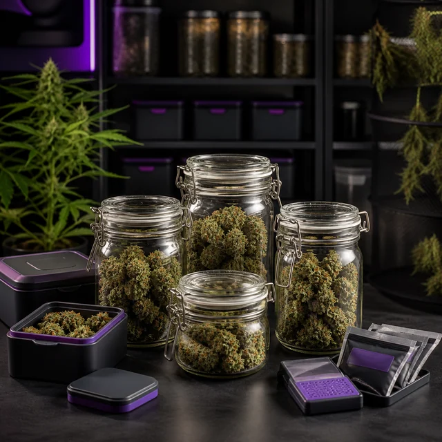 Tarros transparentes con cierre de palanca llenos de cogollos de cannabis, junto a cajas negras con detalles morados y sobres. Tarros transparentes con cierre de palanca llenos de cogollos de cannabis, junto a cajas negras con detalles morados y sobres.