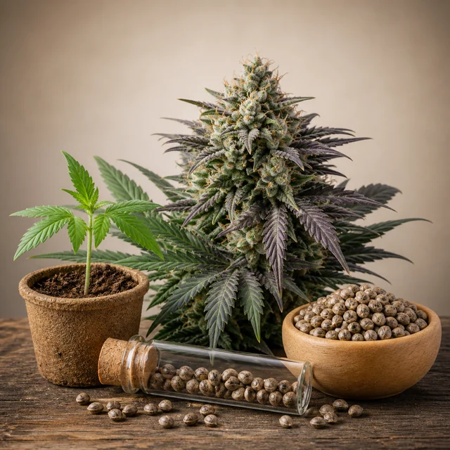 Cogollo de cannabis junto a una planta joven en maceta, un cuenco con semillas y un frasco tumbado sobre una mesa de madera. Cogollo de cannabis junto a una planta joven en maceta, un cuenco con semillas y un frasco tumbado sobre una mesa de madera.