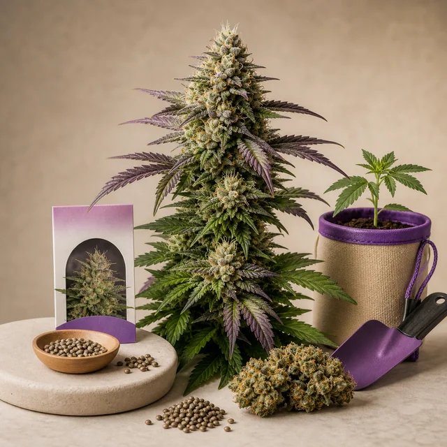 Planta de cannabis con cogollos y hojas moradas junto a semillas, cogollos cortados, una plántula en maceta y una pala morada. Planta de cannabis con cogollos y hojas moradas junto a semillas, cogollos cortados, una plántula en maceta y una pala morada.