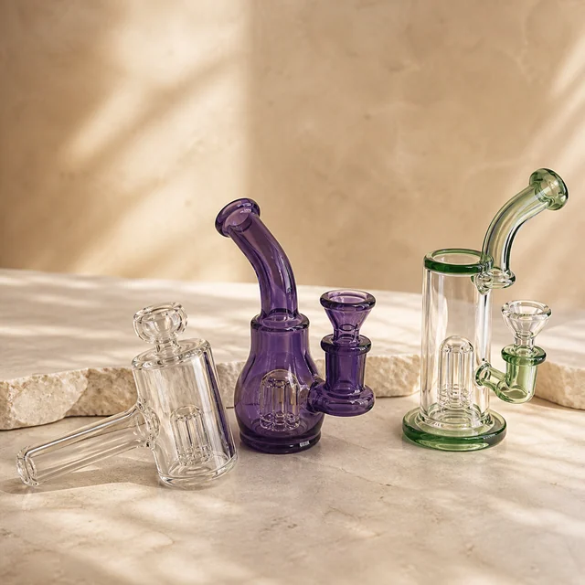 Tres pipas de agua de vidrio con distintos formatos: una transparente tumbada y dos verticales con detalles morados y verdes.