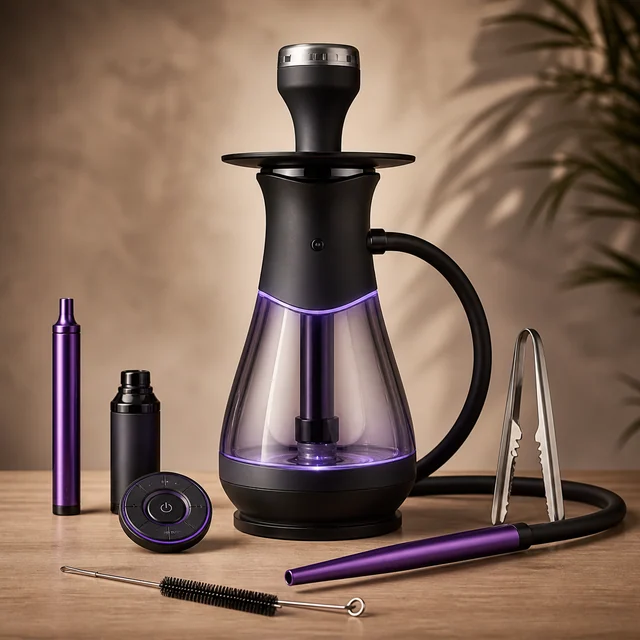Cachimba negra con depósito transparente violeta y manguera, acompañada de boquilla, pinzas, cepillo y mando circular.