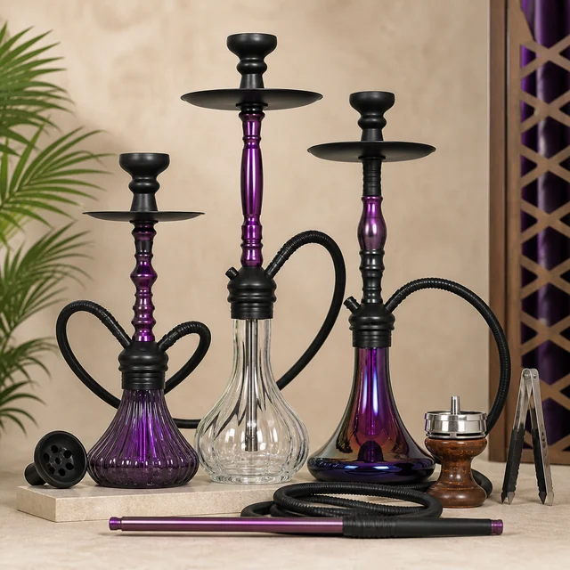 Tres cachimbas de distintas alturas con bases transparentes y moradas, mangueras negras, boquilla alargada y accesorios sobre una mesa. Tres cachimbas de distintas alturas con bases transparentes y moradas, mangueras negras, boquilla alargada y accesorios sobre una mesa.