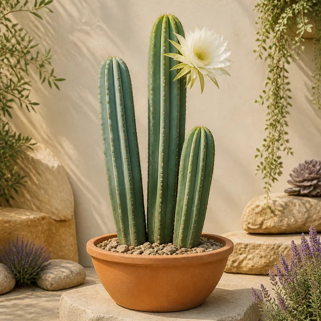 Cactus de tres tallos columnares en una maceta de terracota, con una gran flor blanca en el tallo central y piedras alrededor.