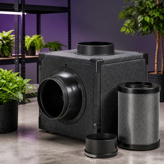 Caja de ventilación gris con bocas circulares negras, acompañada de un filtro cilíndrico de rejilla y una pieza de conexión. Caja de ventilación gris con bocas circulares negras, acompañada de un filtro cilíndrico de rejilla y una pieza de conexión.
