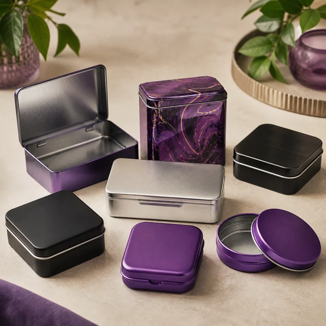 Selección de cajas metálicas rectangulares, cuadradas y redondas, en negro, plateado y morado, con varias tapas abiertas. Selección de cajas metálicas rectangulares, cuadradas y redondas, en negro, plateado y morado, con varias tapas abiertas.