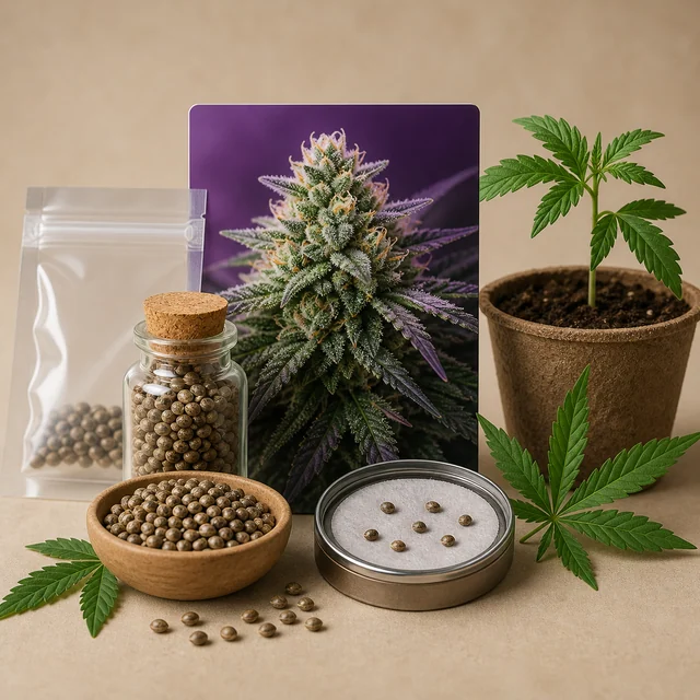 Semillas en un cuenco, un frasco y una bolsa, junto a una planta joven de cannabis y una lámina con un cogollo sobre fondo morado.