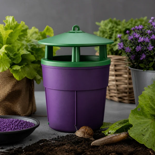 Recipiente morado con cubierta verde junto a un caracol, una babosa y un plato de gránulos morados, rodeado de plantas. Recipiente morado con cubierta verde junto a un caracol, una babosa y un plato de gránulos morados, rodeado de plantas.