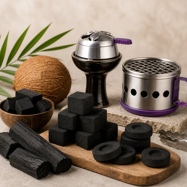 Selección de carbón en cubos, discos perforados y barras, junto a un coco, una cazoleta de cachimba y un recipiente metálico con rejilla.