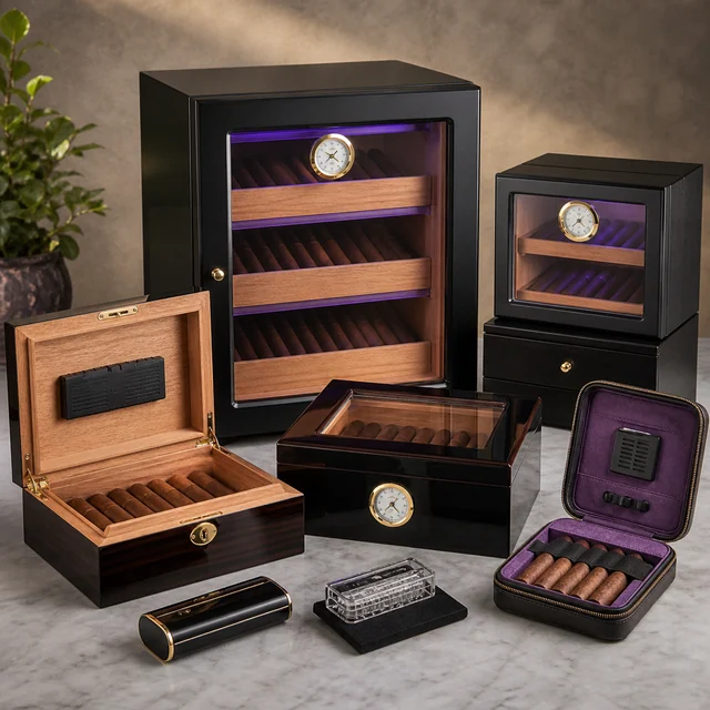 Selección de armarios y cajas humidor con puros e indicadores circulares, junto a un estuche abierto con interior morado.