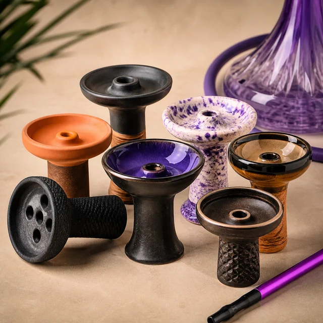 Selección de cazoletas para cachimba de distintas formas y acabados, en negro, naranja y morado, con una cazoleta tumbada en primer plano. Selección de cazoletas para cachimba de distintas formas y acabados, en negro, naranja y morado, con una cazoleta tumbada en primer plano.