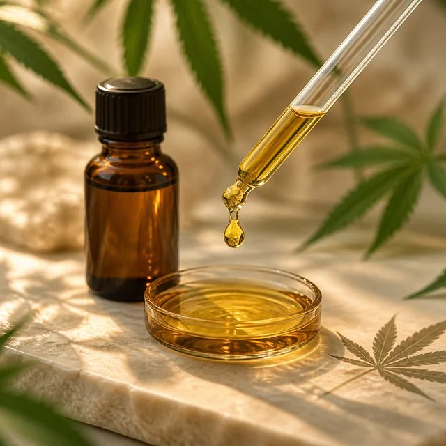 Pipeta con líquido dorado y una gota suspendida sobre un recipiente de vidrio, junto a un frasco ámbar y hojas de cannabis.