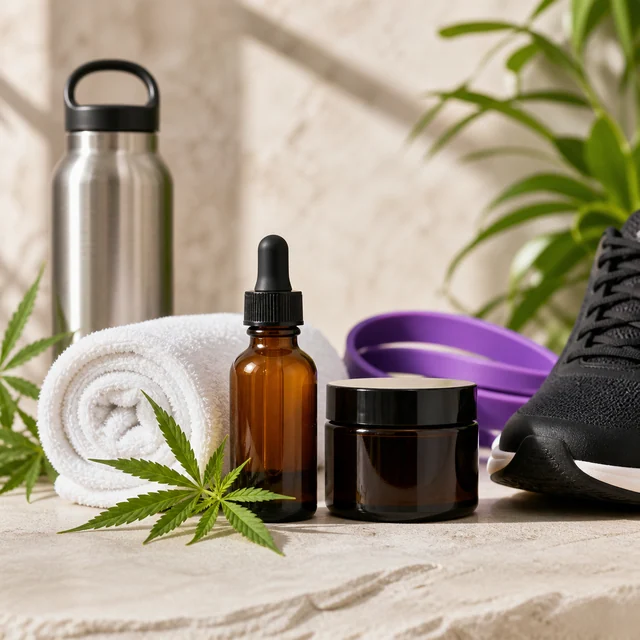 Frasco ámbar con cuentagotas y tarro oscuro junto a una toalla, una botella metálica, bandas moradas, una zapatilla y hojas de cannabis.