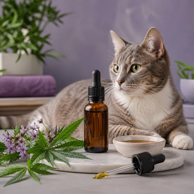 Gato atigrado gris y blanco junto a un frasco ámbar, un cuenco y una pipeta con líquido amarillo, con hojas de cannabis delante. Gato atigrado gris y blanco junto a un frasco ámbar, un cuenco y una pipeta con líquido amarillo, con hojas de cannabis delante.