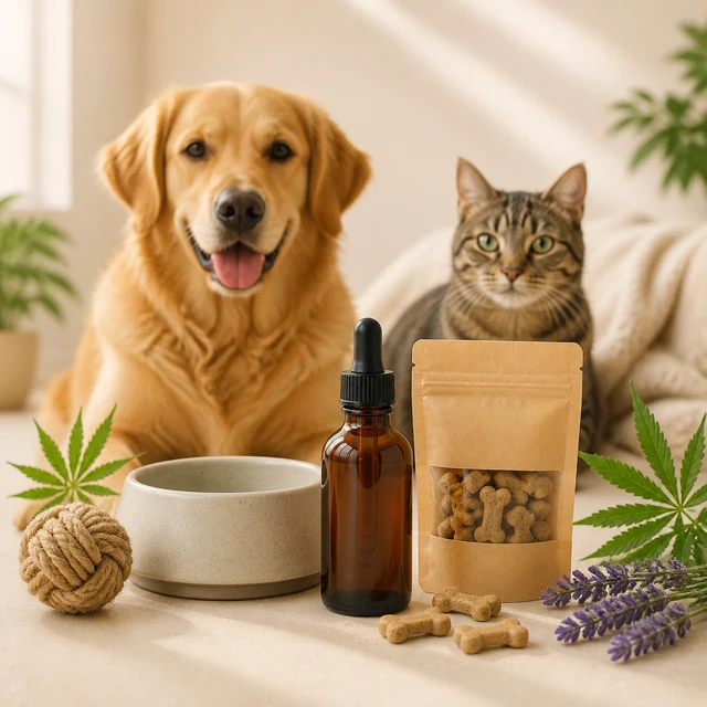 Perro dorado y gato atigrado detrás de un frasco con cuentagotas, una bolsa de premios, un cuenco y una pelota de cuerda. Perro dorado y gato atigrado detrás de un frasco con cuentagotas, una bolsa de premios, un cuenco y una pelota de cuerda.