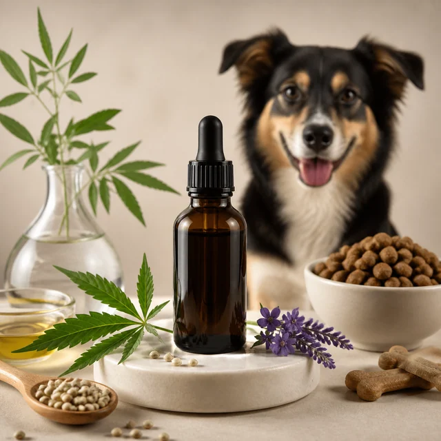 Frasco ámbar con cuentagotas junto a hojas palmeadas y flores moradas; detrás, un perro y un cuenco de pienso con galletas al lado. Frasco ámbar con cuentagotas junto a hojas palmeadas y flores moradas; detrás, un perro y un cuenco de pienso con galletas al lado.