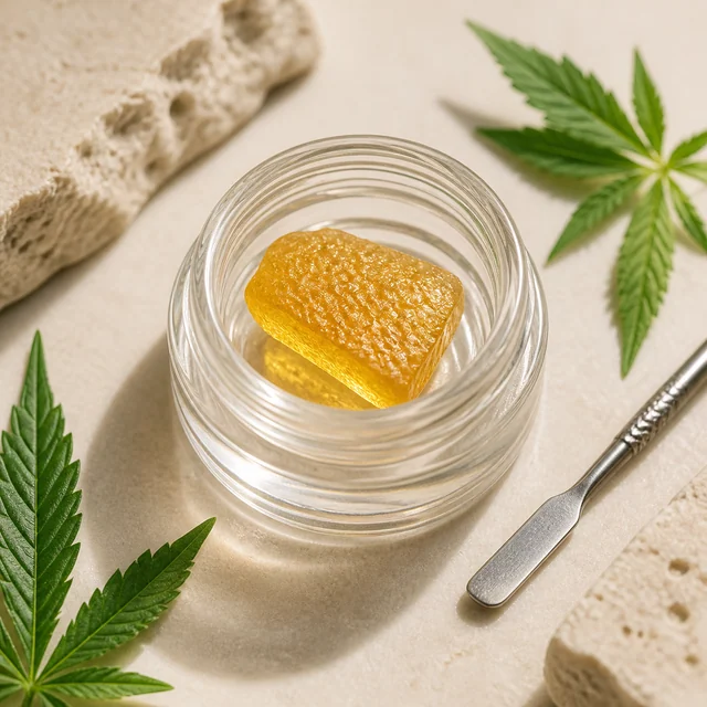Recipiente transparente abierto con un bloque de cera dorada, junto a una espátula metálica y hojas de cannabis sobre fondo beige.