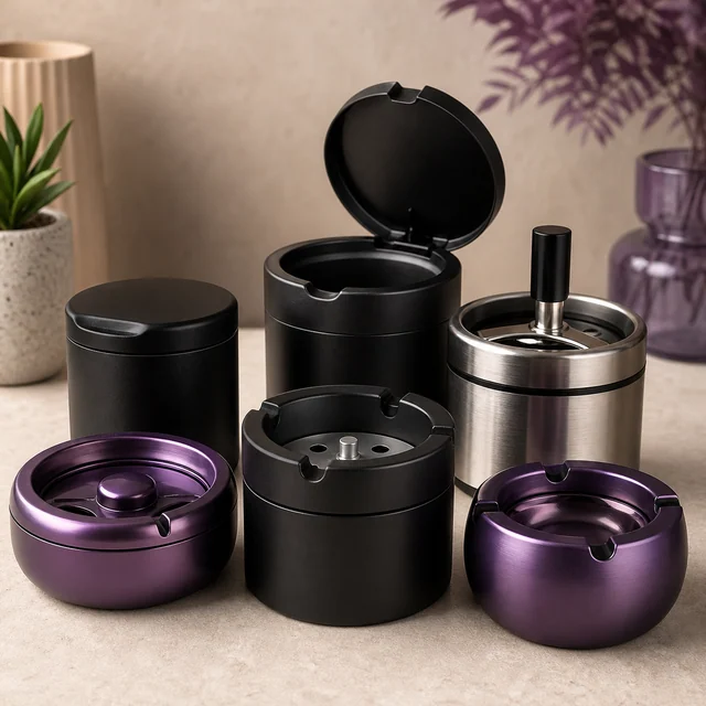 Selección de ceniceros negros, violetas y plateados, con modelos abiertos, con tapa y uno con mecanismo de pulsador. Selección de ceniceros negros, violetas y plateados, con modelos abiertos, con tapa y uno con mecanismo de pulsador.
