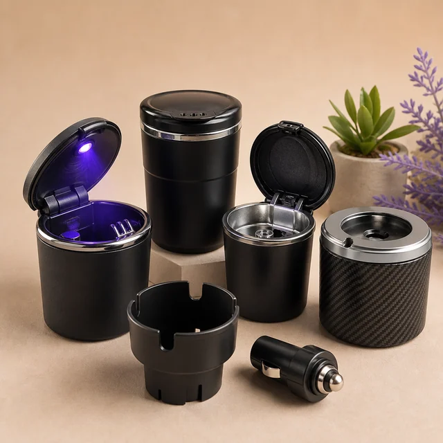 Selección de ceniceros para coche negros, con modelos abiertos y cerrados, uno con luz violeta, un soporte y un adaptador. Selección de ceniceros para coche negros, con modelos abiertos y cerrados, uno con luz violeta, un soporte y un adaptador.