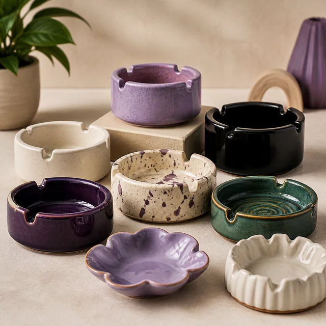 Selección de ceniceros de cerámica en tonos morados, crema, negro y verde, con formas redondas, florales y acabados moteados. Selección de ceniceros de cerámica en tonos morados, crema, negro y verde, con formas redondas, florales y acabados moteados.