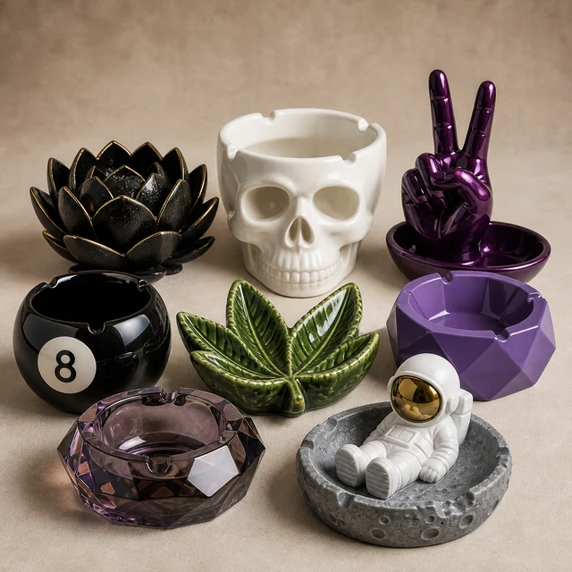 Selección de ceniceros con formas de calavera, flor, bola ocho, hoja, mano en V, astronauta y diseños facetados. Selección de ceniceros con formas de calavera, flor, bola ocho, hoja, mano en V, astronauta y diseños facetados.