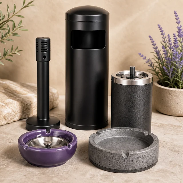 Selección de ceniceros: modelos altos negros, uno cilíndrico con tapa plateada y dos bajos, en morado y gris. Selección de ceniceros: modelos altos negros, uno cilíndrico con tapa plateada y dos bajos, en morado y gris.