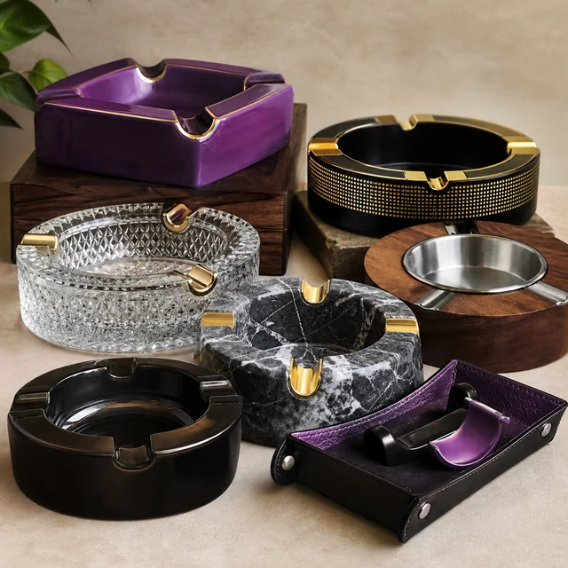 Selección de ceniceros cuadrados y redondos en negro, morado, transparente y acabado marmolado, con detalles dorados. Selección de ceniceros cuadrados y redondos en negro, morado, transparente y acabado marmolado, con detalles dorados.