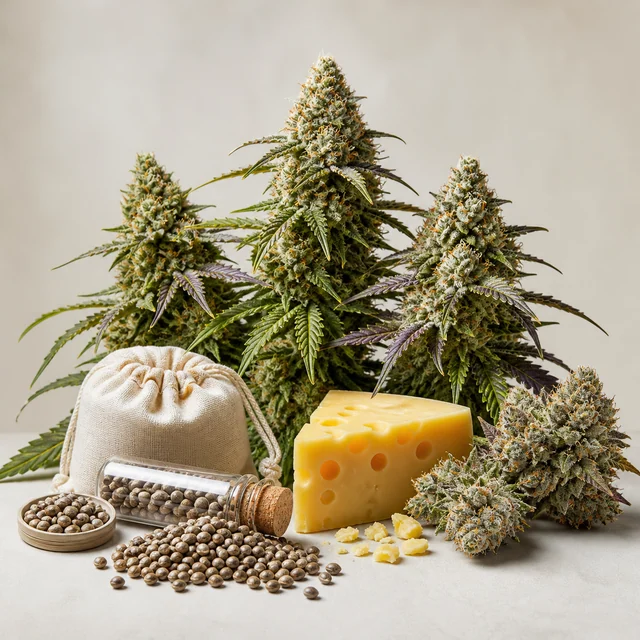 Plantas y cogollos de cannabis junto a una cuña de queso, una bolsa de tela y un frasco tumbado con semillas esparcidas.