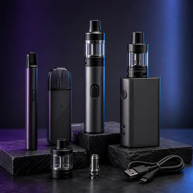 Selección de cuatro cigarrillos electrónicos de distintos formatos, con depósito, resistencia y cable USB sobre bases oscuras. Selección de cuatro cigarrillos electrónicos de distintos formatos, con depósito, resistencia y cable USB sobre bases oscuras.