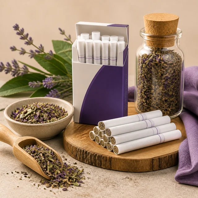 Cigarrillos de relleno vegetal en una caja abierta y apilados sobre madera, junto a un tarro de hierbas y ramas de flores moradas. Cigarrillos de relleno vegetal en una caja abierta y apilados sobre madera, junto a un tarro de hierbas y ramas de flores moradas.