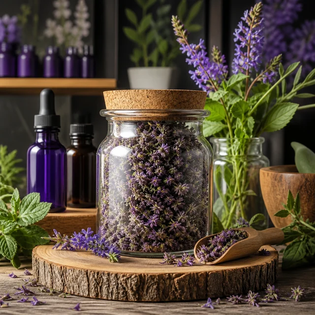 Tarro transparente con tapa de corcho lleno de flores moradas, sobre una rodaja de madera y junto a una pala con flores. Tarro transparente con tapa de corcho lleno de flores moradas, sobre una rodaja de madera y junto a una pala con flores.