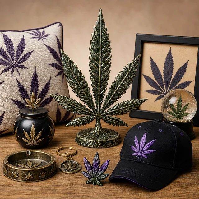 Objetos con hojas de cannabis: figura central, cojín, cuadro, gorra, tarro, cenicero, llavero, pin y bola decorativa. Objetos con hojas de cannabis: figura central, cojín, cuadro, gorra, tarro, cenicero, llavero, pin y bola decorativa.